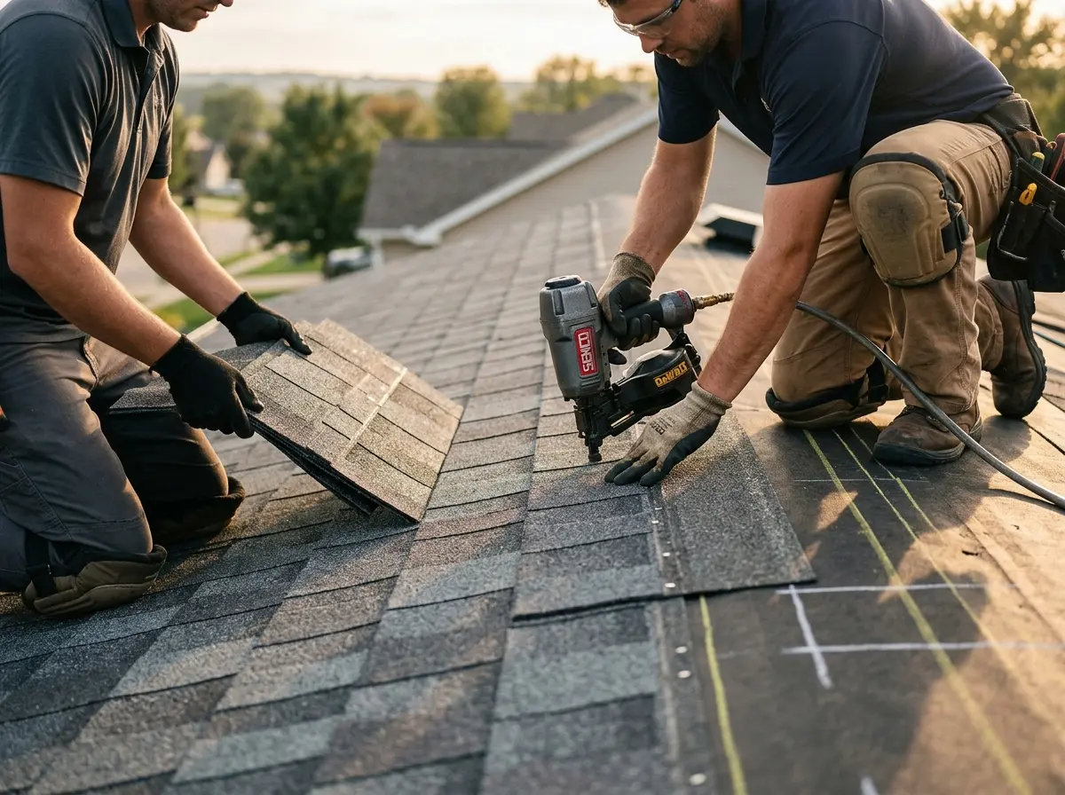 Professional roofer working on a residential roof in Sumter